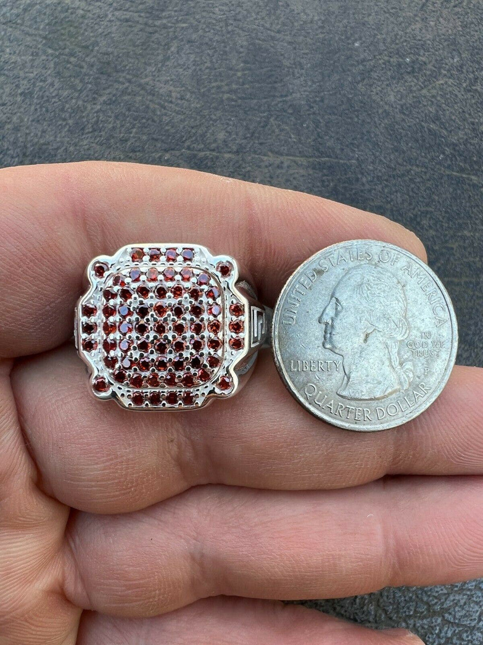 HarlemBling Men Real Solid 925 Sterling Silver Iced Red Ruby Ring HipHop Pinky Or Any Finger