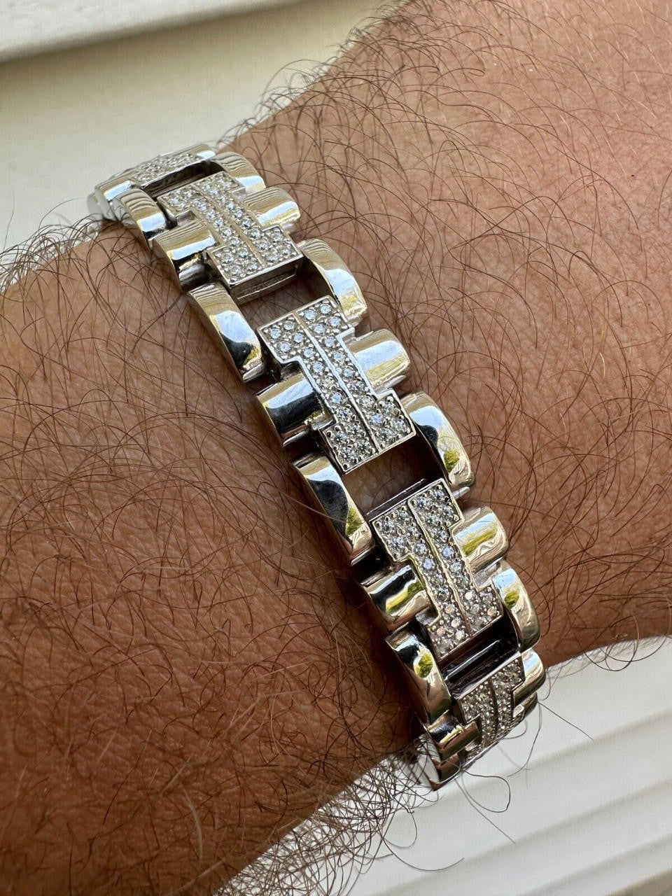 HarlemBling Mens 12mm Iced Hermes Link Bracelet Real 925 Sterling Silver Flooded Out HipHop