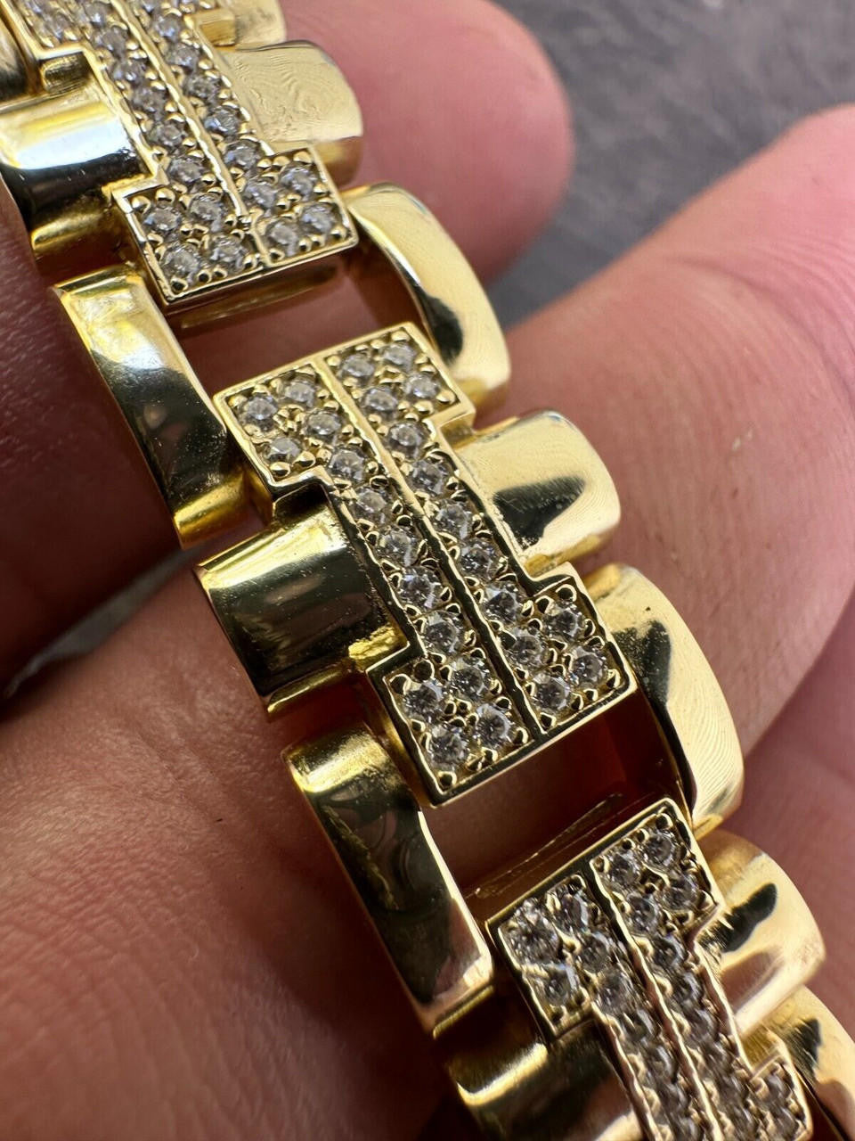 HarlemBling Mens 12mm Iced Hermes Link Bracelet Real Solid 14k Gold Over 925 Sterling Silver