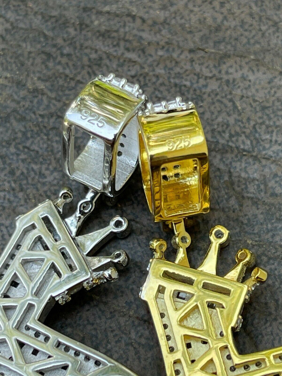 HarlemBling Mens 925 Sterling Baguette Diamond Cross W King Crown Pendant Iced Gold Silver