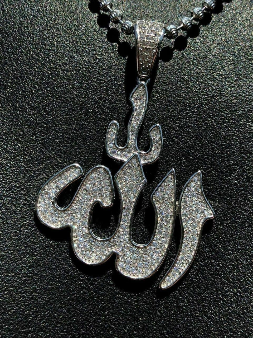 HarlemBling Mens Allah Islam Pendant 1ct Man Made Diamond Solid Sterling Silver 925 Diamond