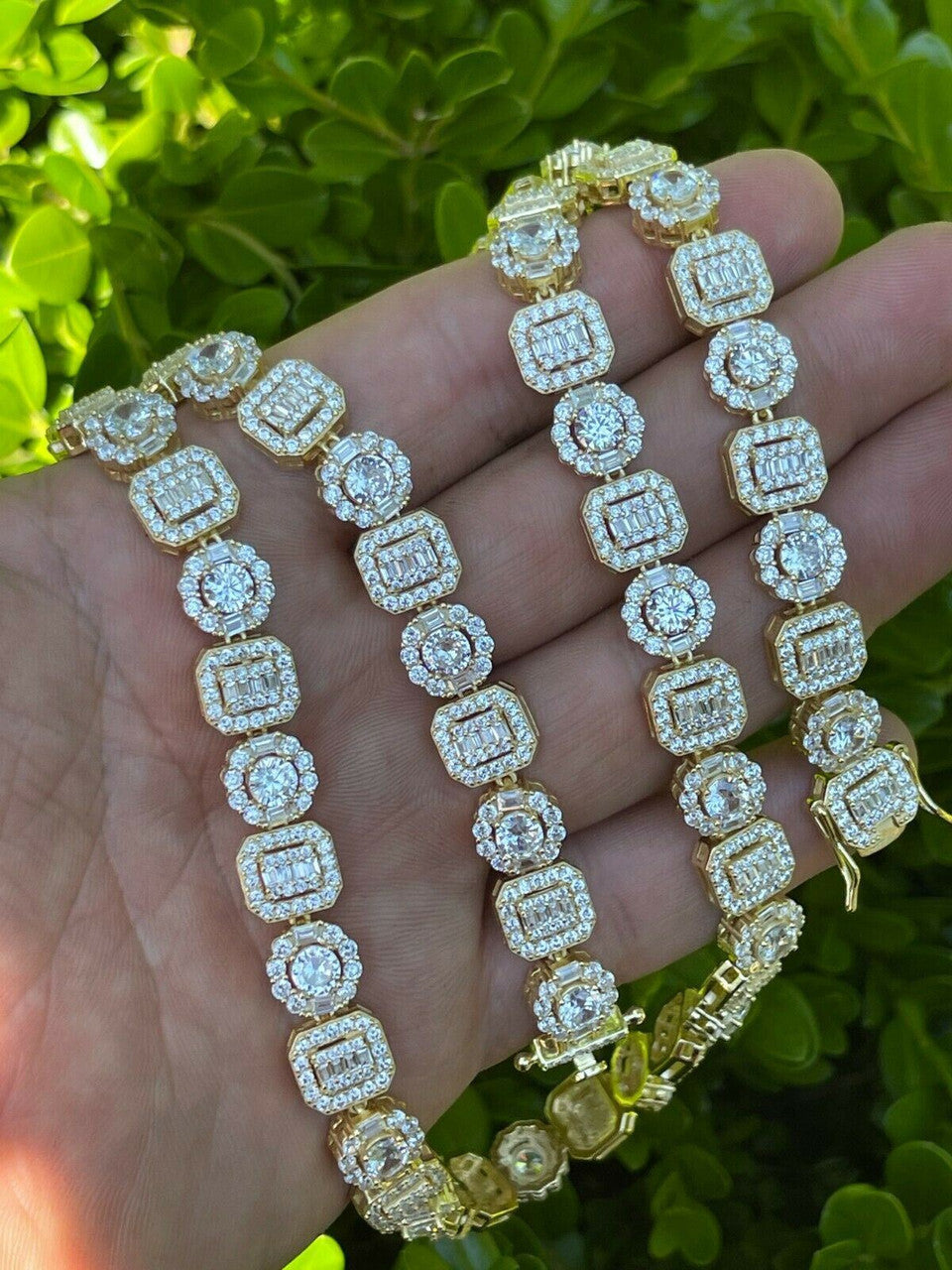 HarlemBling Mens Baguette Tennis Chain 14k Gold and Solid 925 Silver Iced Fully Out Diamond