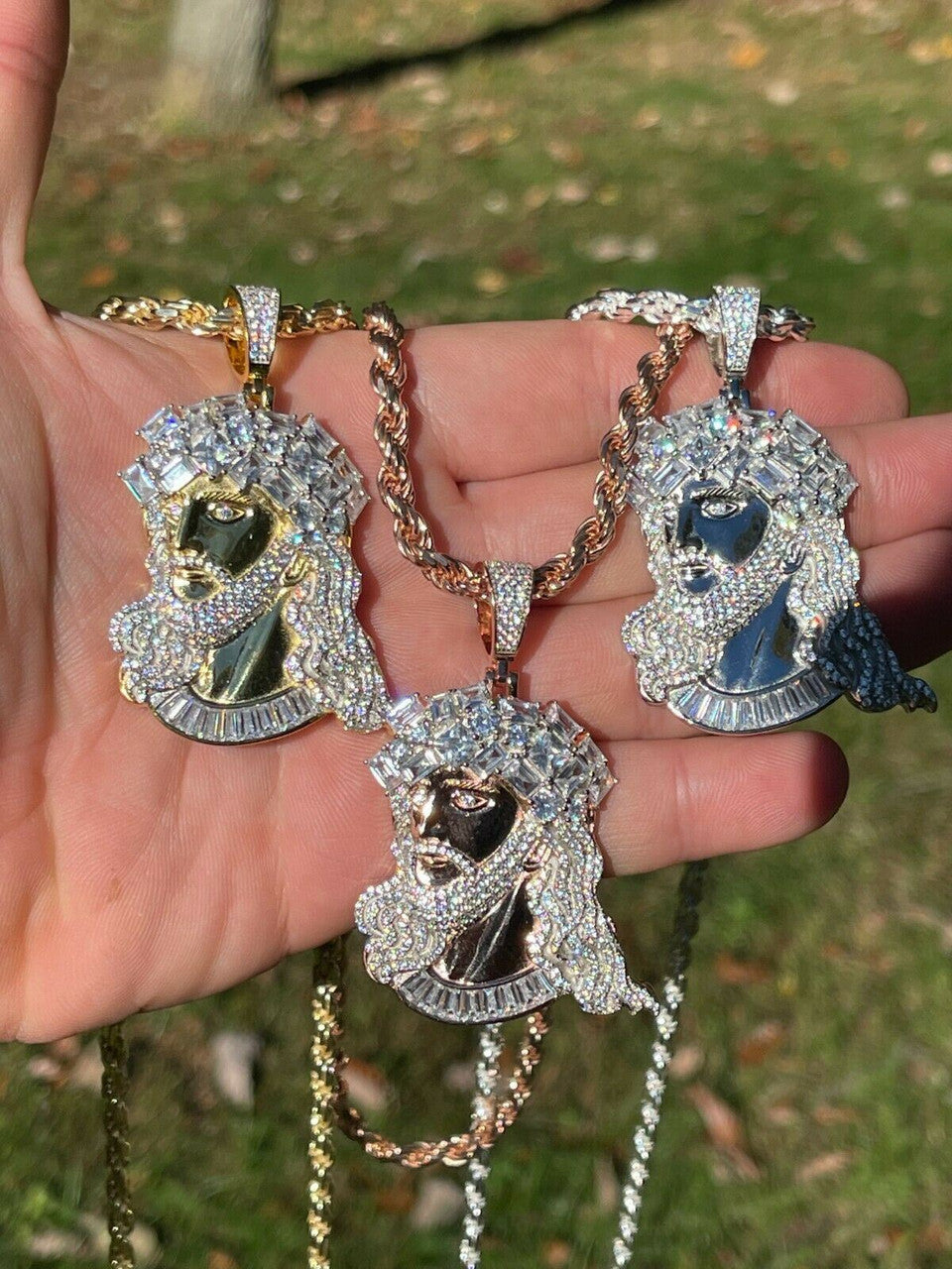 HarlemBling Mens Big 925 Silver Yellow Rose Gold Jesus Piece Iced Necklace Baguette Diamond