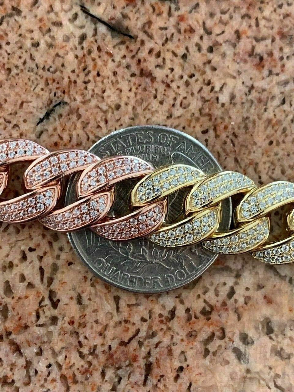 HarlemBling Mens Miami Cuban Link 12mm Chain Solid 925 Silver Tri Color 18 Choker - 30 Icy