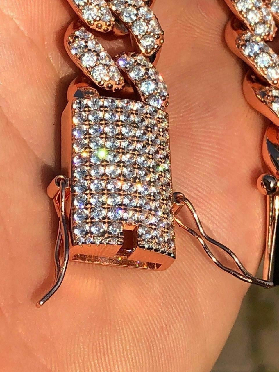 HarlemBling Mens Miami Cuban Link 15mm Chain 14k Rose Gold Over Solid 925 Silver Diamond ICY