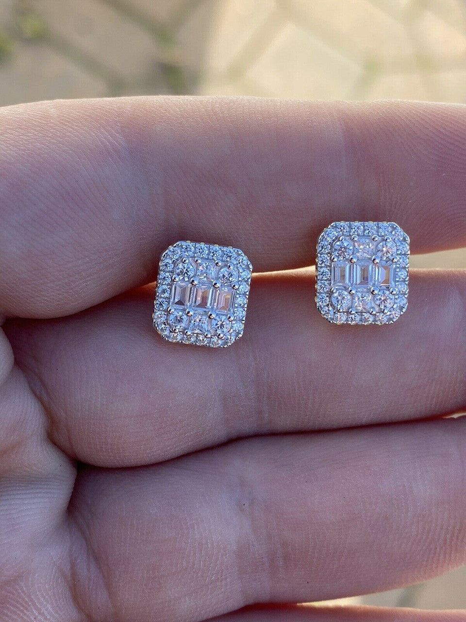 HarlemBling Mens Moissanite Iced Silver Baguette Hip Hop Earrings Studs Pass Diamond Tester