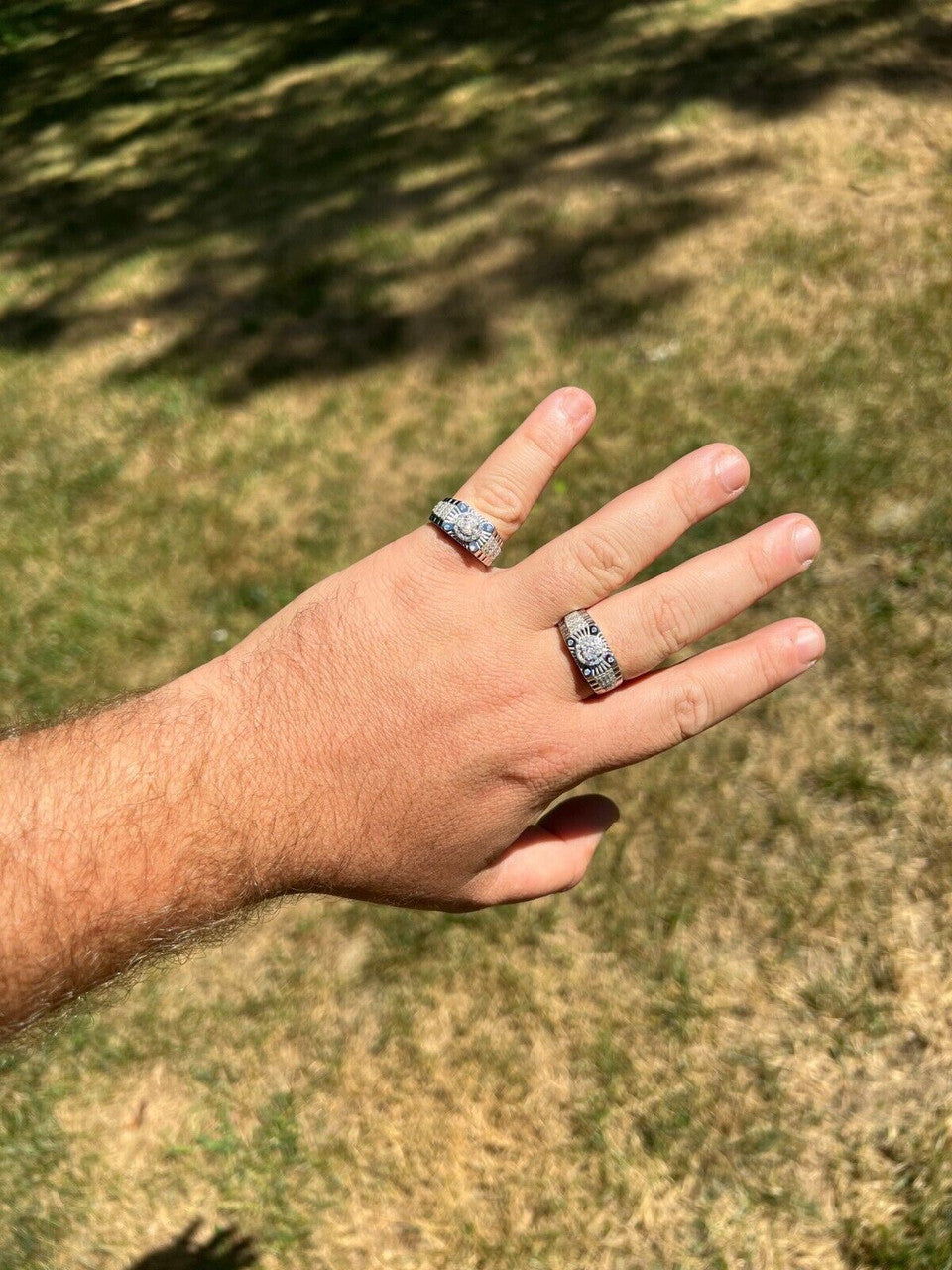 HarlemBling Mens Moissanite Ring Real 925 Silver Iced Hip Hop Star Burst Diamond Cut Sz 6-13