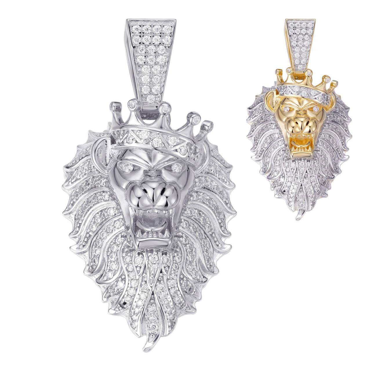 Mens 925 Silver Gold Real Iced Diamond Rasta Lion Crown Africa