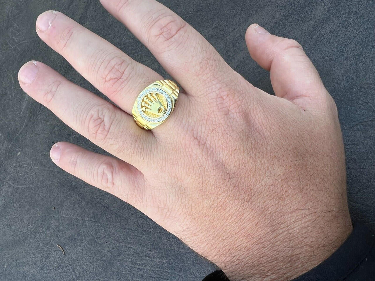 HarlemBling Mens Real 14k Gold Vermeil Over 925 Silver Iced Out Rolex Crown Watch Ring