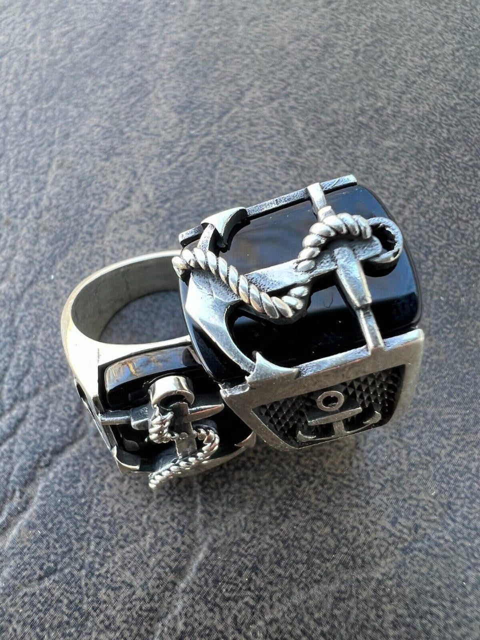 HarlemBling Mens Real 925 Sterling Silver Natural Black Onyx W. Anchor Sailor Maritime Ring