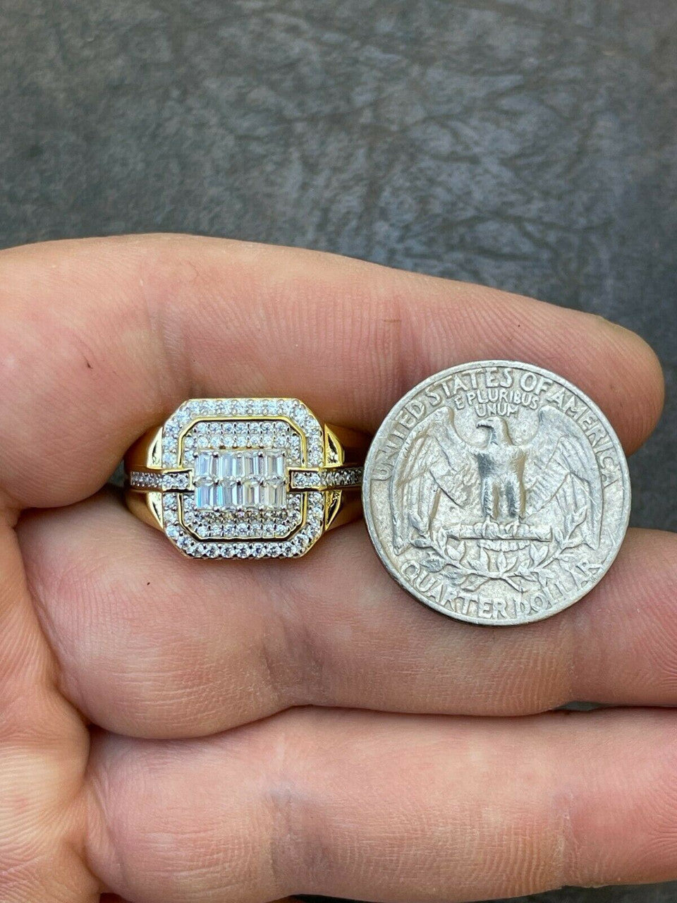 HarlemBling Mens Real Solid 925 Sterling Silver 14k Gold Vermeil Ring Iced Baguette Diamond