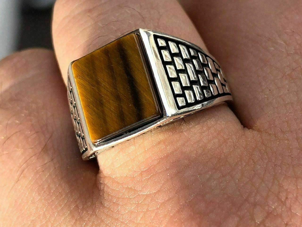 HarlemBling Mens Real Solid 925 Sterling Silver Tiger Eye Square Ring Size 7 8 9 10 11 12 13
