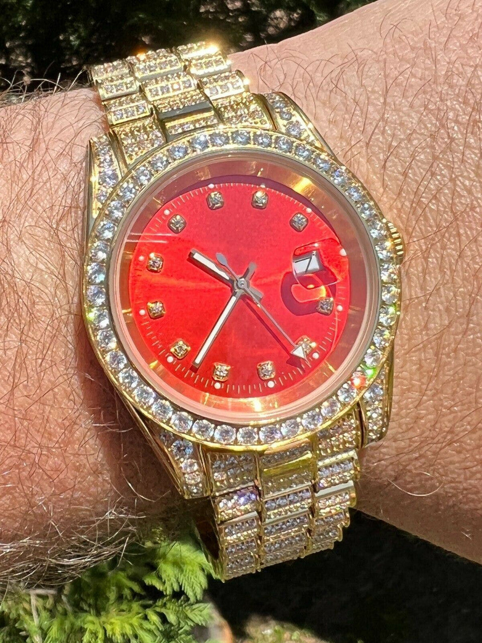 Mens Red Dial Presidential Real SS 41mm Gold Watch Iced 12ct 