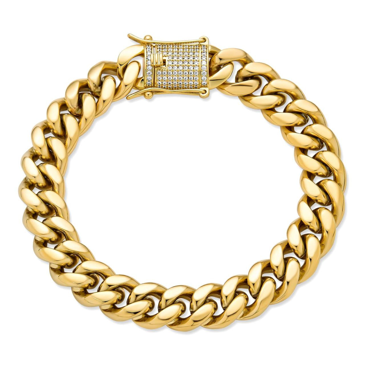 Miami Cuban Link Bracelet W. CZ Clasp - 14k Gold Plated Stainless