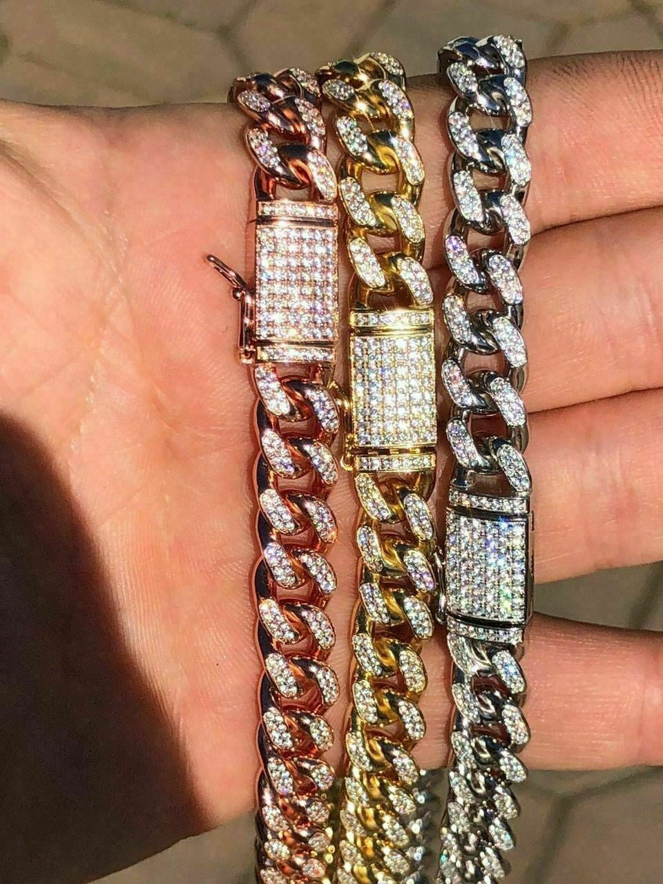 HarlemBling Miami Cuban Link Chain Solid 925 Silver W Rose Yellow Gold Plating 10mm HEAVY