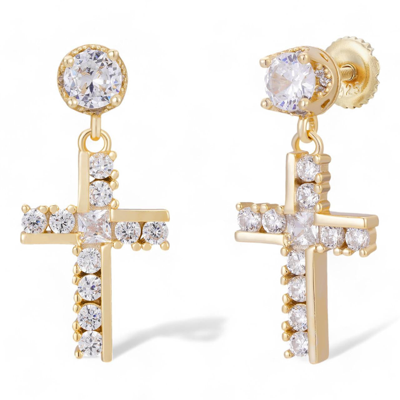 14k Gold & Real 925 Silver Iced Cross Dangle Drop Earrings Diamond