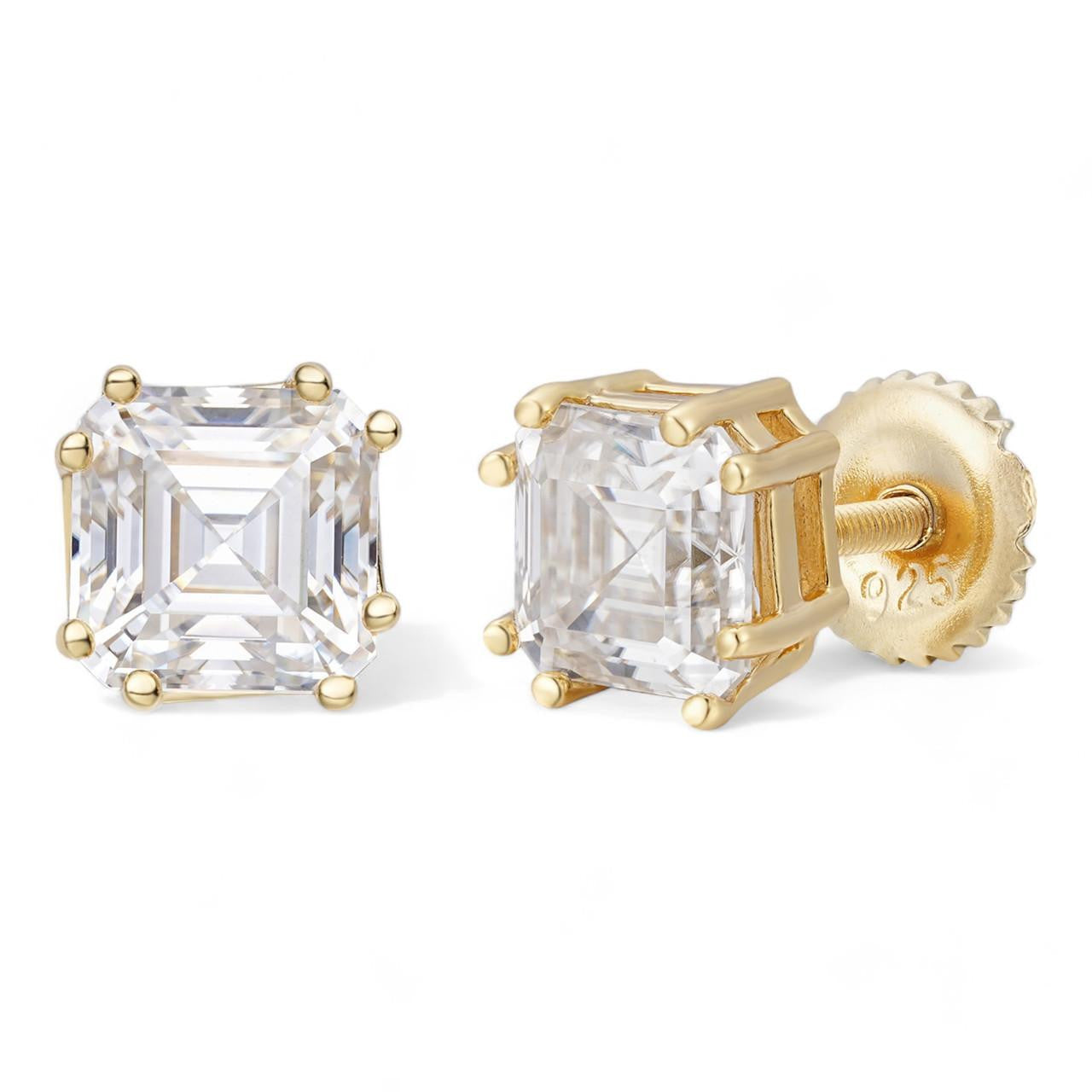 Real Iced Moissanite Stud Earrings Asscher Cut 14k Gold Over 925 