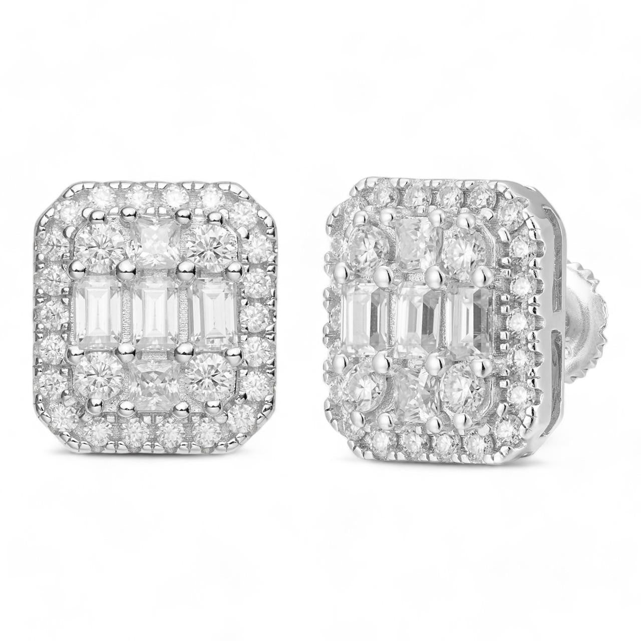 Men s Moissanite Iced Silver Baguette Hip Hop Earrings Studs Pass
