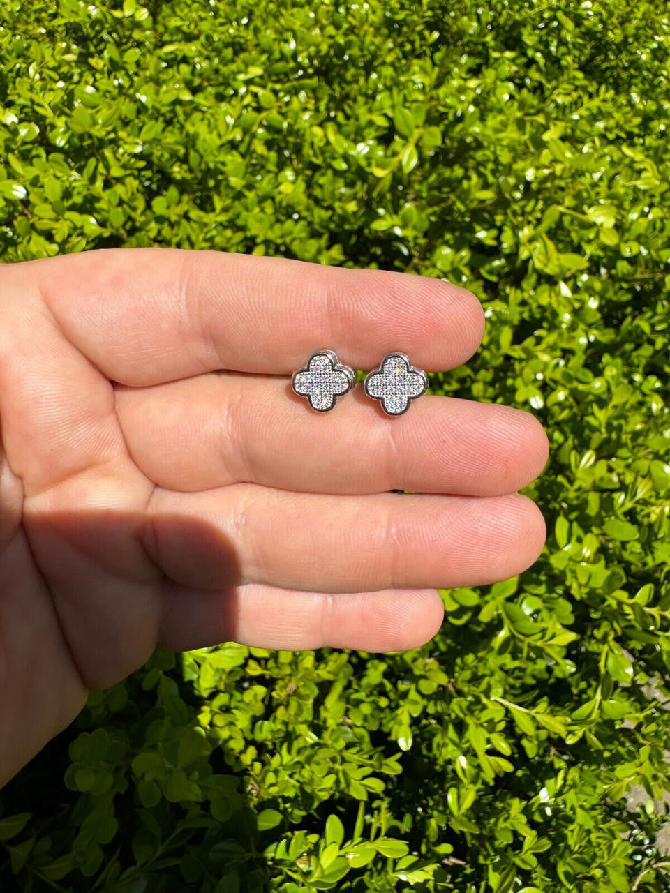 HarlemBling MOISSANITE Earrings Clover 10mm Real 925 Silver Iced Large Mens Ladies Studs