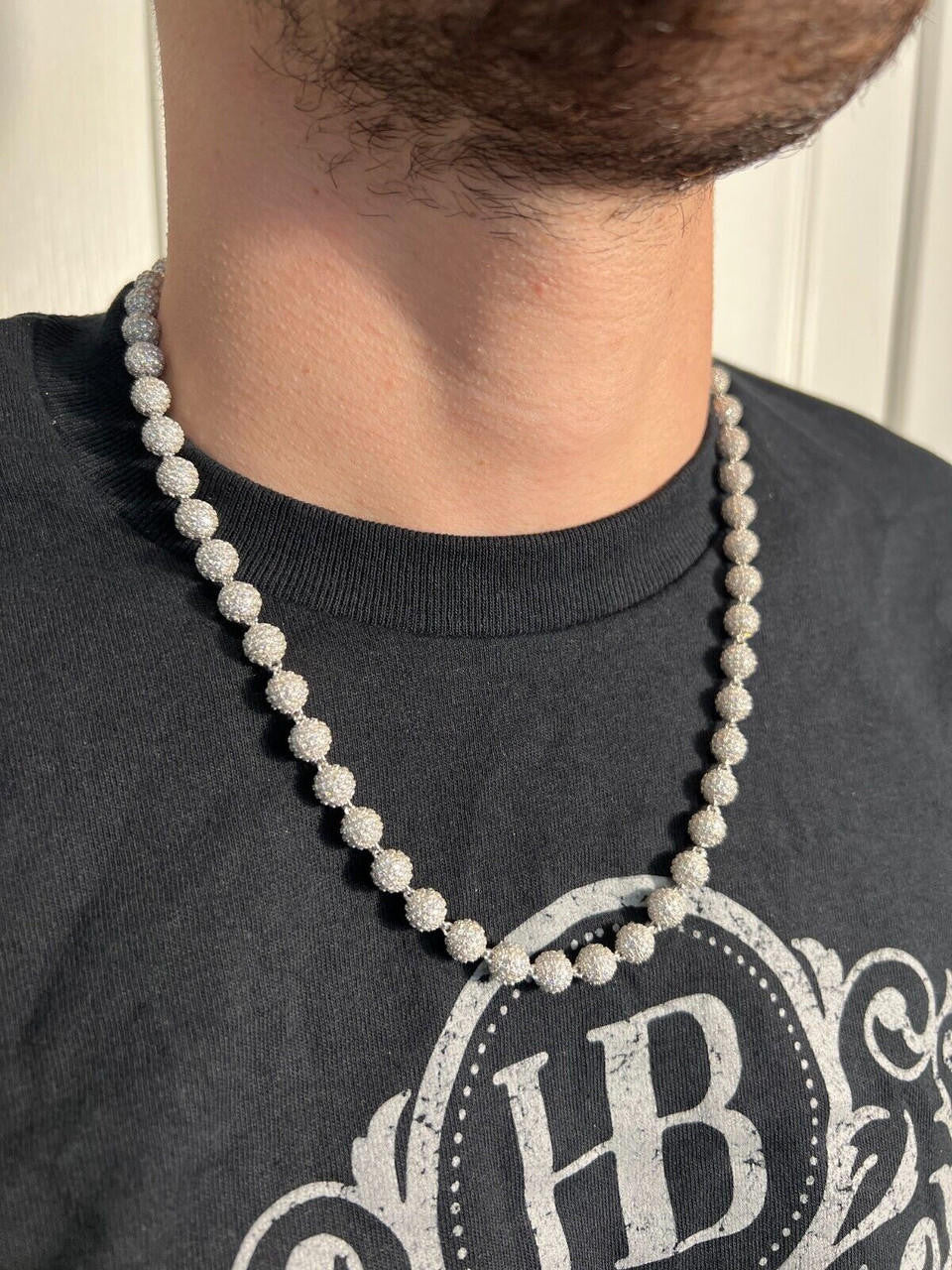 HarlemBling Moissanite Iced 925 Silver Moon Ball Disco Chain Necklace Passes Diamond Tester