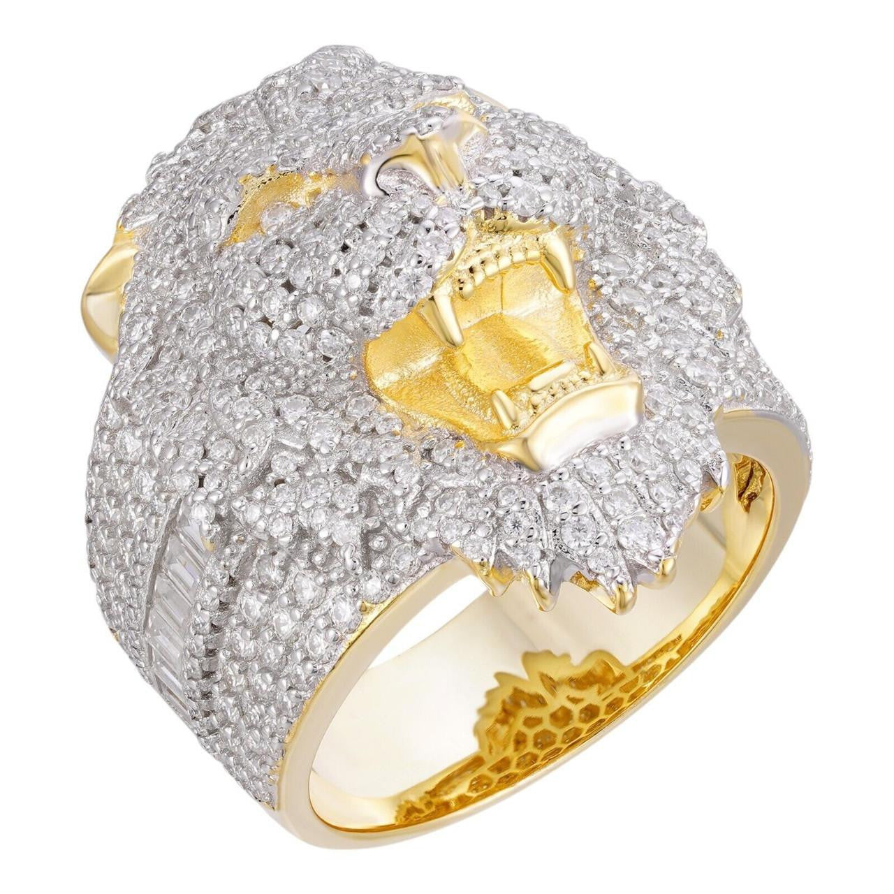 MOISSANITE Mens Large Lion Iced Hip Hop Ring 14k Gold Vermeil Over