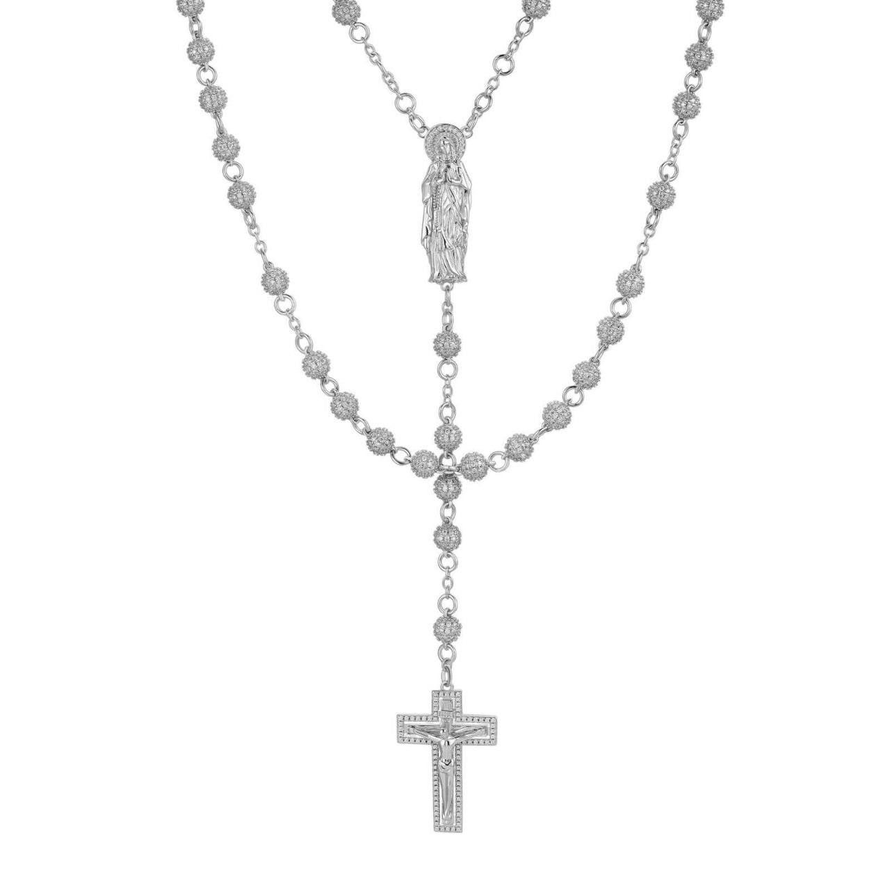 FULLY ICED 16.5ct MOISSANITE Rosary Beads Necklace Silver Rosario