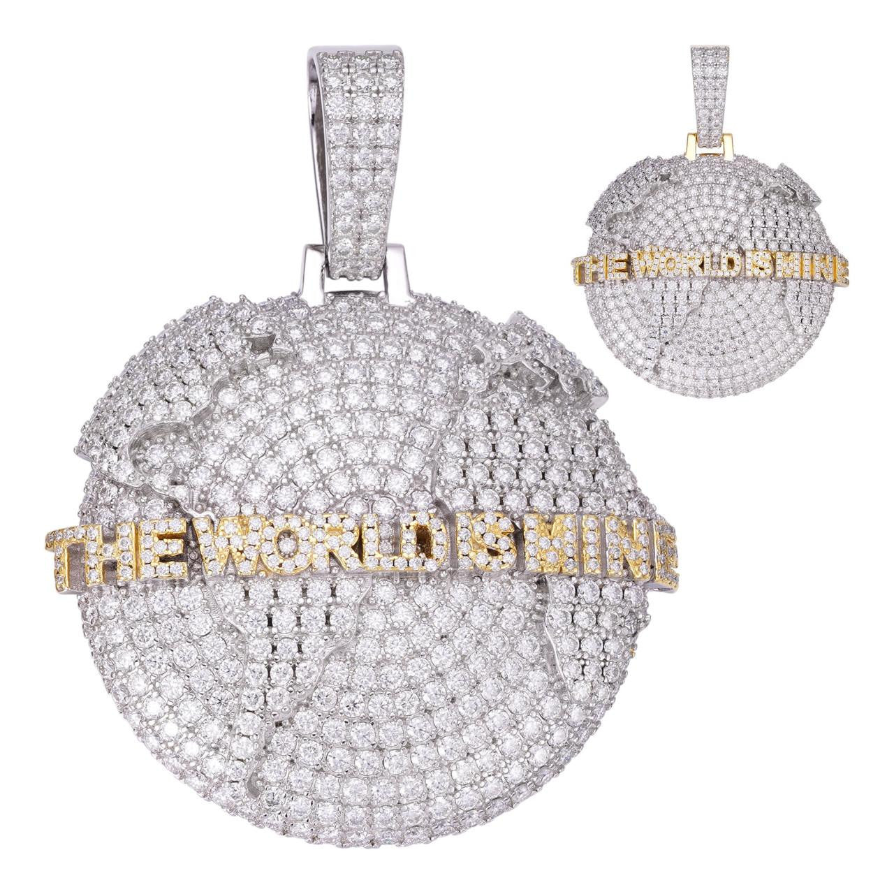 MOISSANITE 925 Silver/Gold Plated Iced World Is Mine Globe Map 
