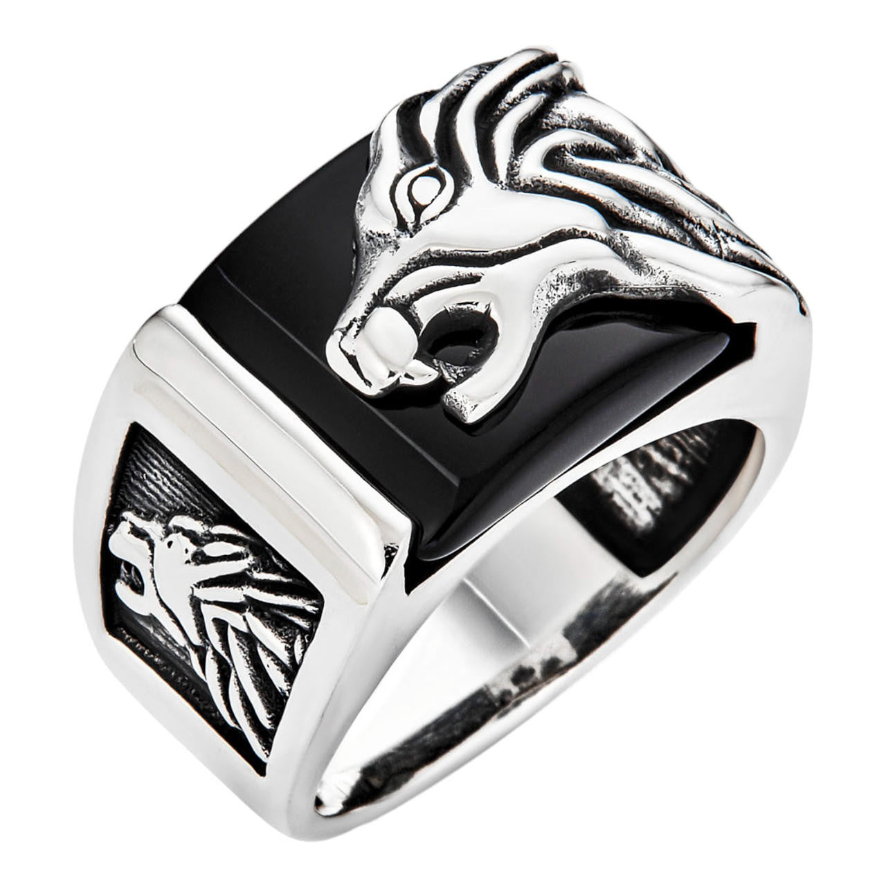 Mens Real 925 Sterling Silver Natural Black Onyx Howling Wolf