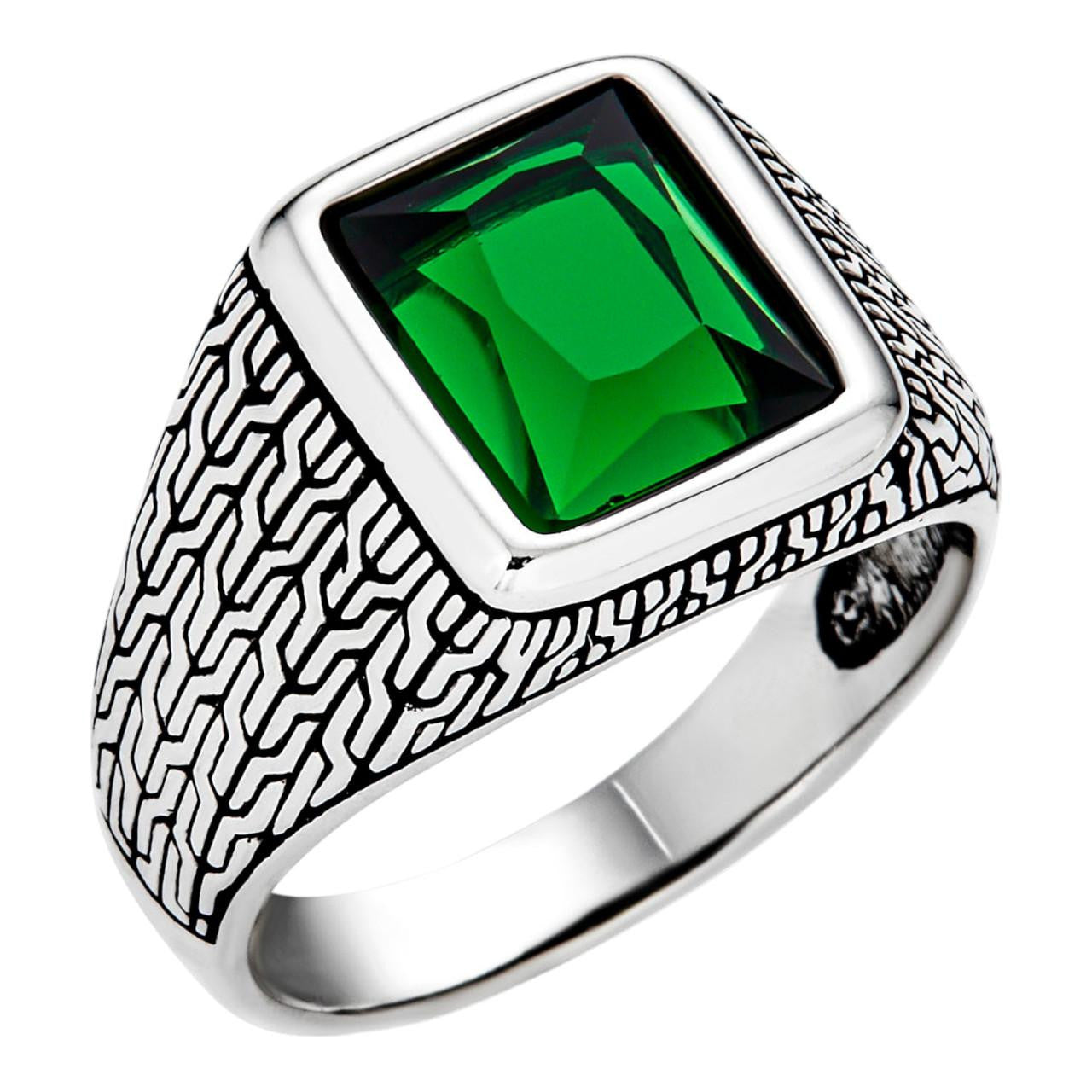 Mens Plain Real 925 Sterling Silver Green Emerald Stone Ring Size 