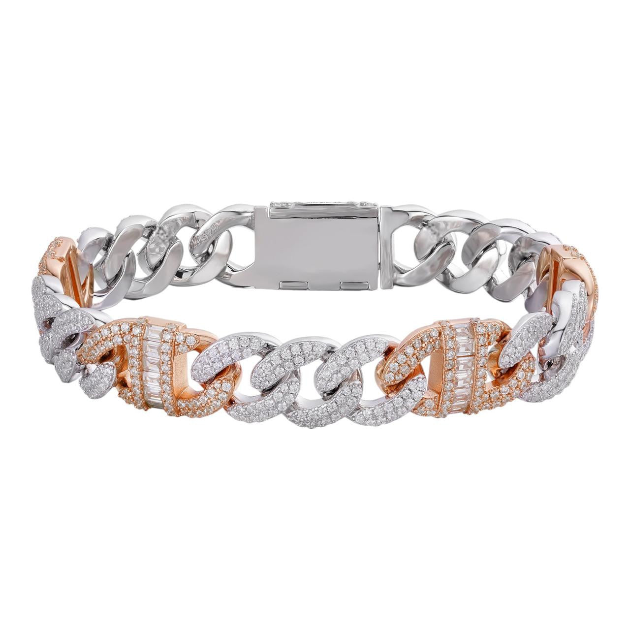 Solid 925 Silver & Rose Gold Men Cuban Iced Gucci Link Bracelet