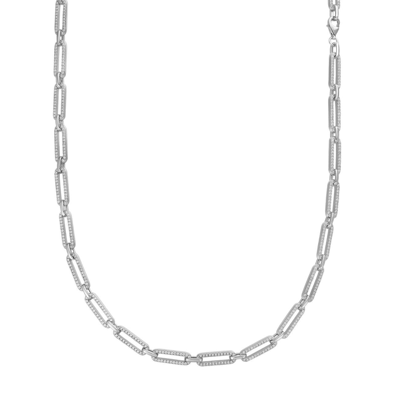 Ladies Solid 925 Sterling Silver Paperclip Chain Iced CZ 14