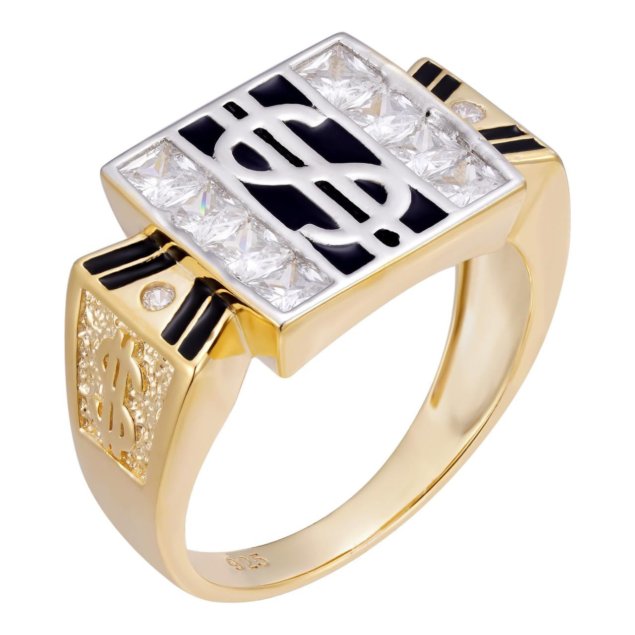 14k Gold Plated Solid 925 Sterling Silver Men's HipHop Dollar Sign CZ
