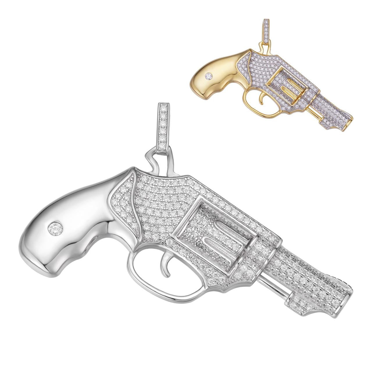 Solid 925 Silver / Gold Iced Diamond Pistol Revolver Gun HipHop