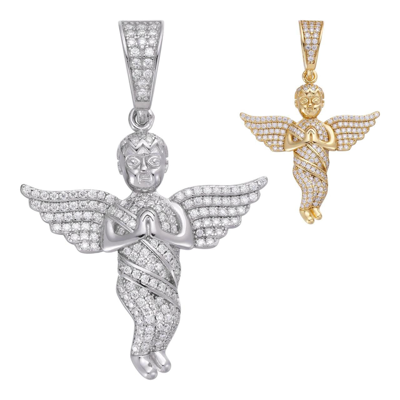 Solid 925 Silver Angel Hip Hop Pendant Iced Diamond Gold Necklace