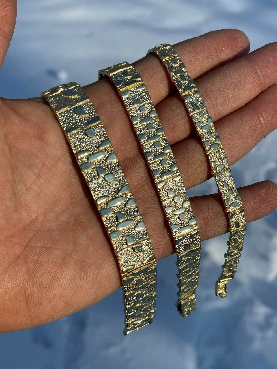 HarlemBling Real 14k Gold Over 925 Sterling Silver Mens Nugget Bracelet Heavy 8mm 12mm 16mm