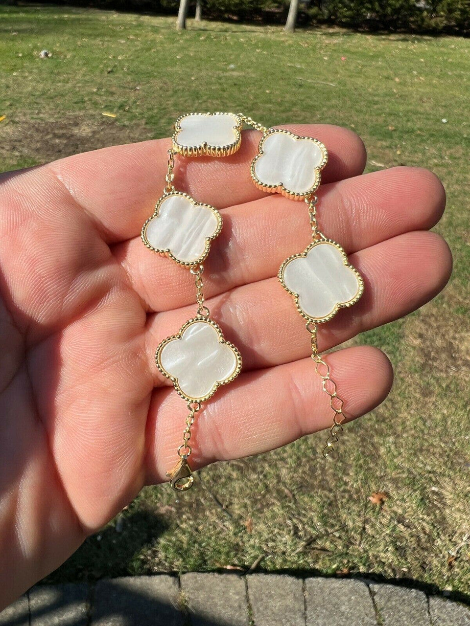 HarlemBling Real 14k Gold Vermeil 925 Mother Of Pearl Leaf Clover Flower Bracelet 6-7.5