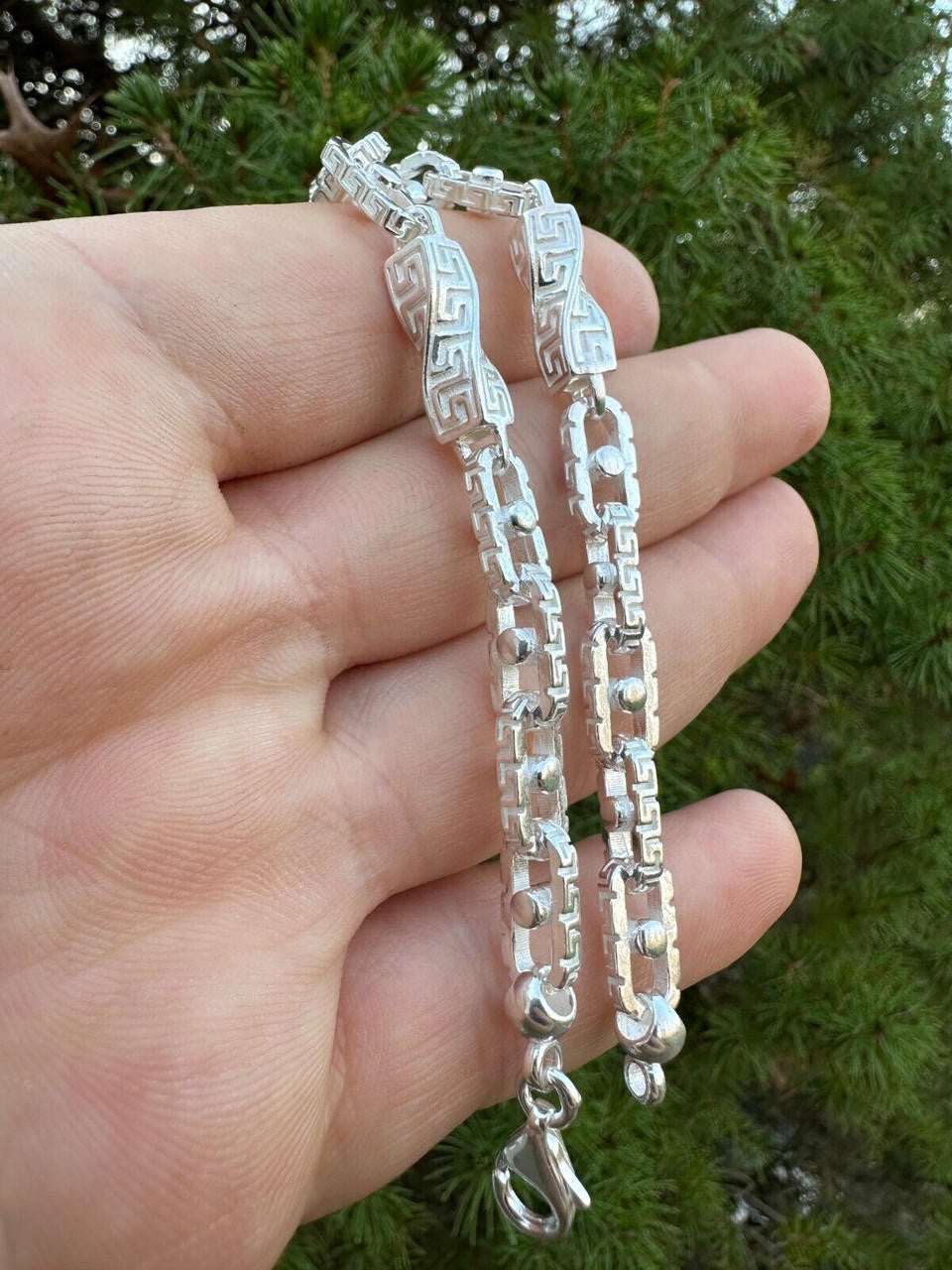 HarlemBling Real 7mm 925 Sterling Silver Custom Greek Key Hermes Rolo Link Chain Bracelet