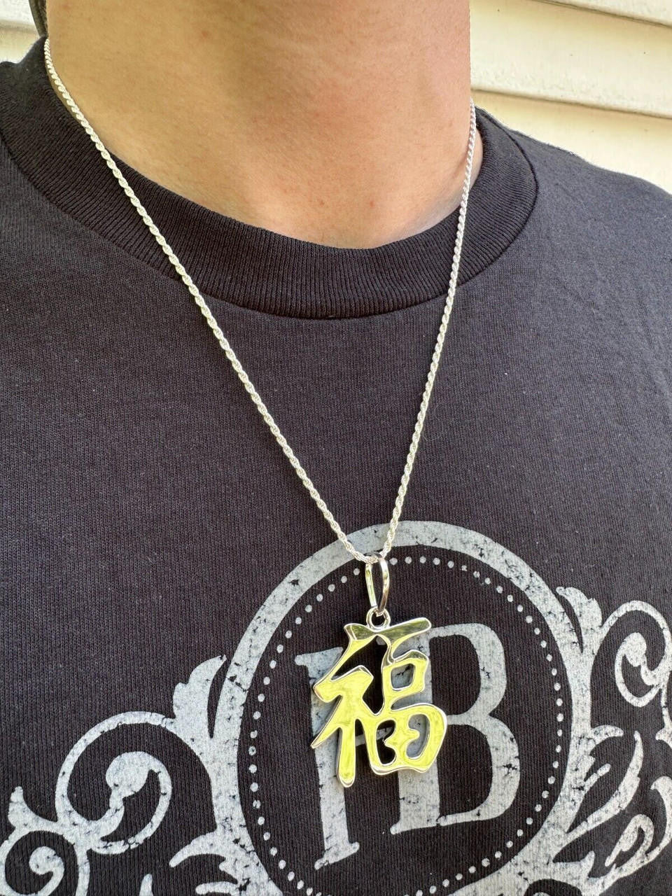 HarlemBling Real 925 Silver / 14k Gold Plated Chinese FU Symbol Good Luck Fortune 2" Pendant