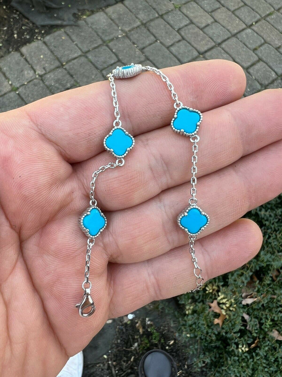 HarlemBling Real 925 Silver Blue Turquoise Four Leaf Lucky Clover Flower Bracelet 6-7.5