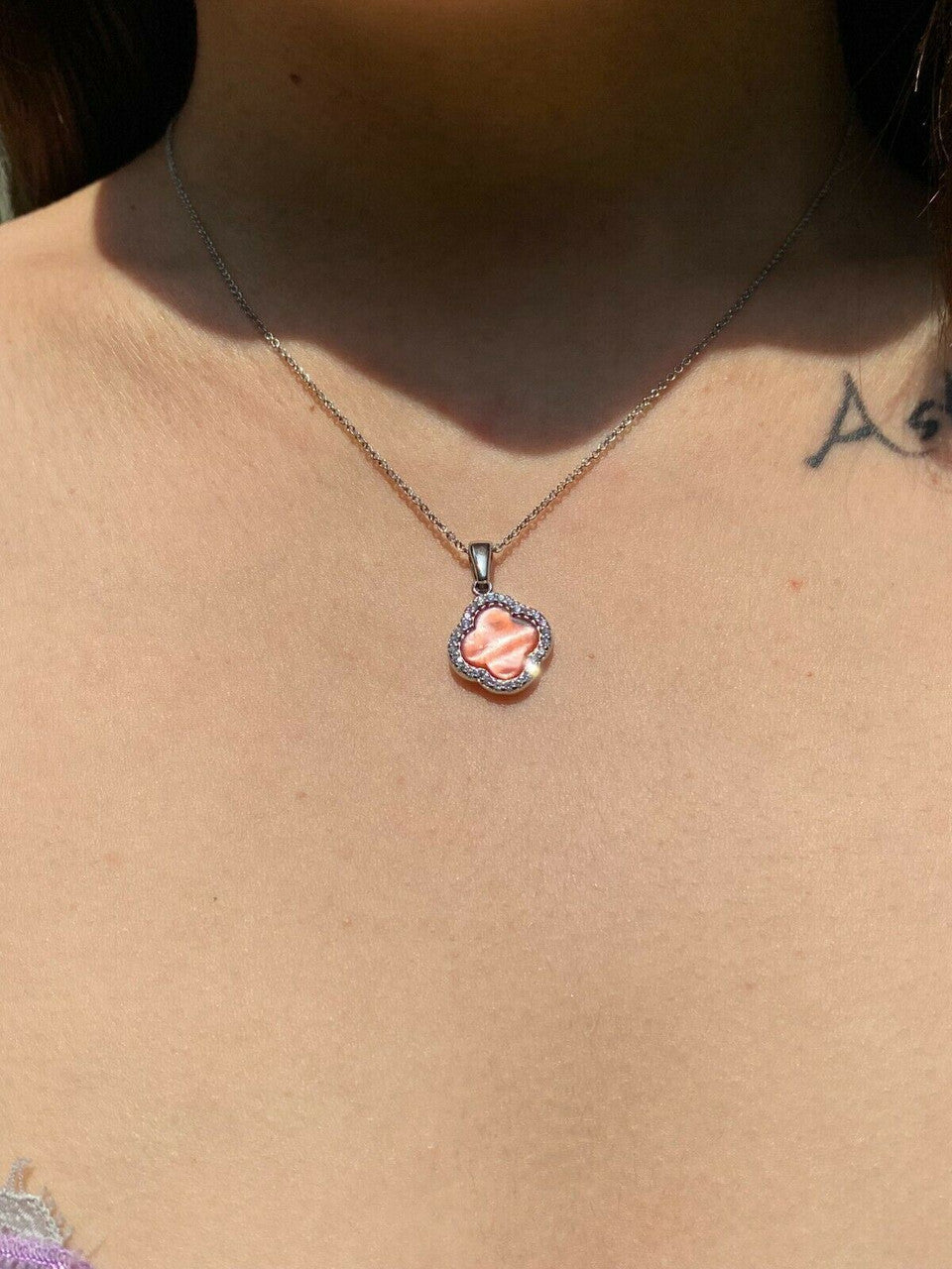 HarlemBling Real 925 Silver Four Leaf Clover Pink Pearl Ring Necklace and Earrings Ladies Set