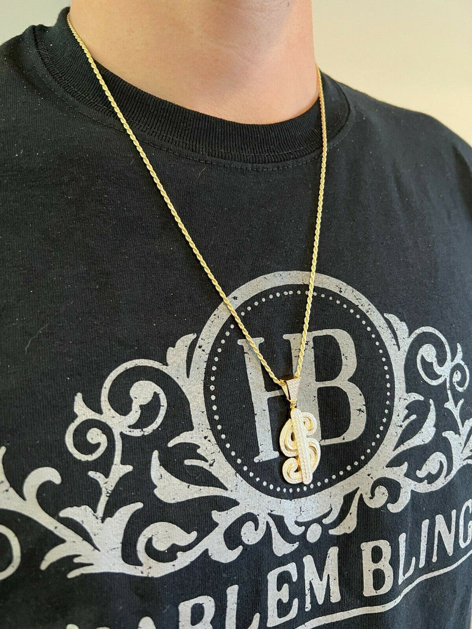 HarlemBling Real 925 Silver Gold Bling Out Iced Dollar dollar Sign Money Hip Hop Pendant Necklace