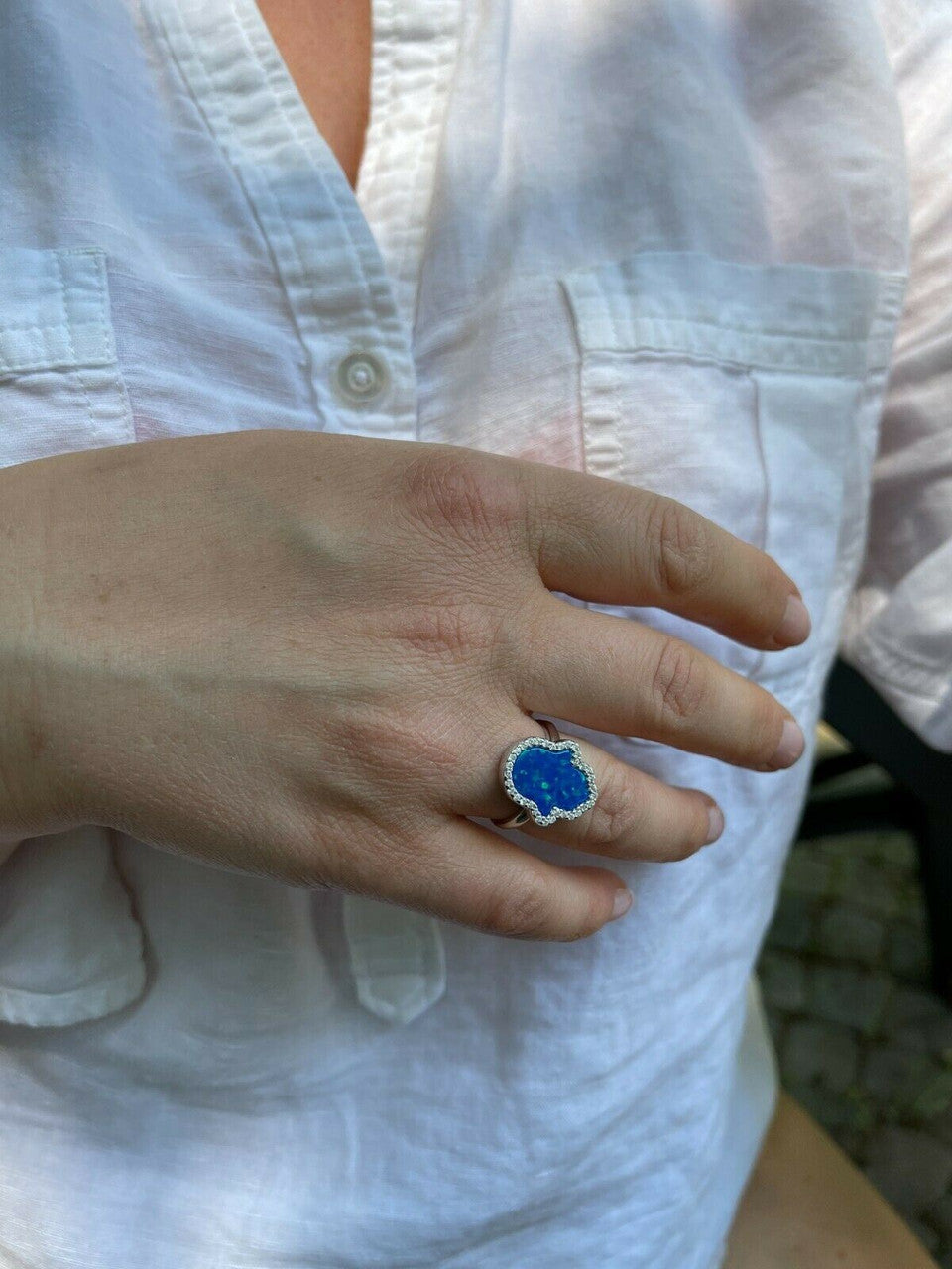 HarlemBling Real 925 Silver Hamsa Hand Of Fatima Blue Opal and Diamond Ring Girls Ladies Big