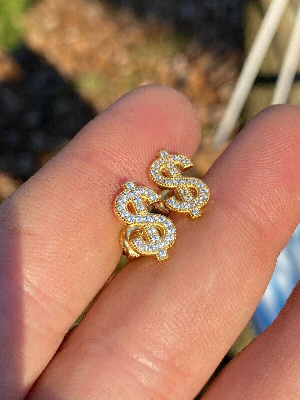 HarlemBling Real 925 Sterling Silver 14k Gold Men Ladies Dollar Sign dollar Earrings Studs Iced