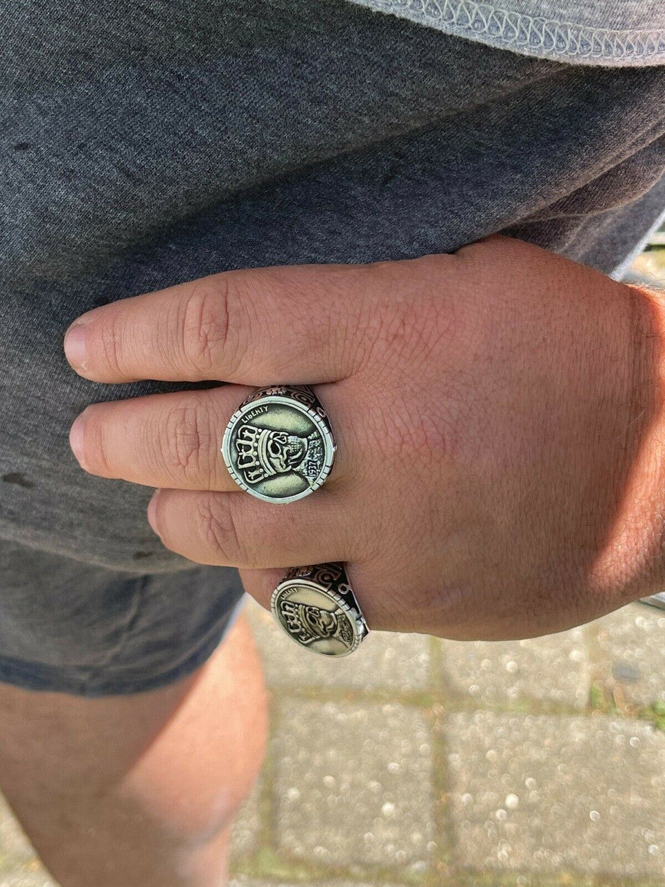 HarlemBling Real 925 Sterling Silver Mens Coin Ring Skull W Crown Death King Skeleton 7-13