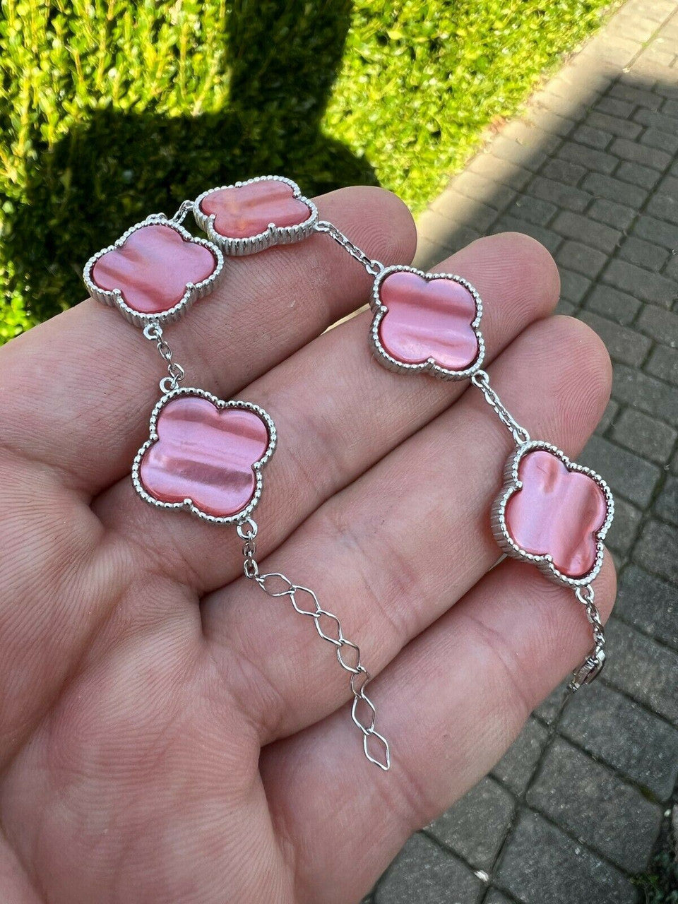 HarlemBling Real 925 Sterling Silver Pink Mother Of Pearl Leaf Clover Flower Bracelet 6-7.5