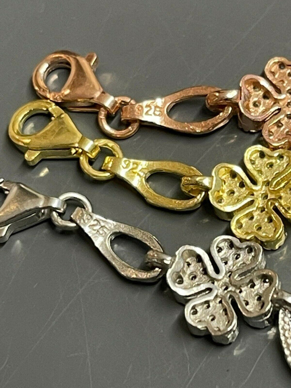 HarlemBling Real 925 Sterling Silver / Yellow Rose Gold Iced Diamond Clover Charm Bracelet