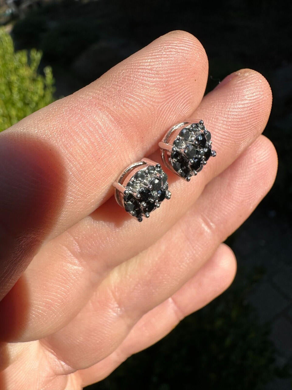 HarlemBling Real Black MOISSANITE Oxidized Rhodium 925 Silver Round Cluster Earrings Hip Hop