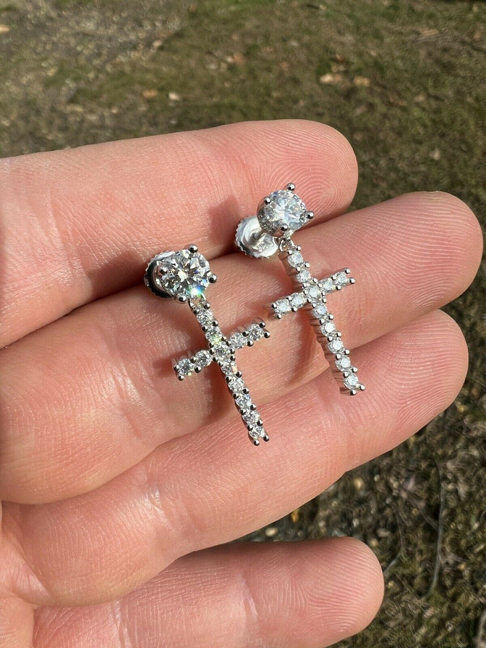 HarlemBling Real MOISSANITE Mens Ladies Dangle Cross Studs Earrings Iced Pass Diamond Tester