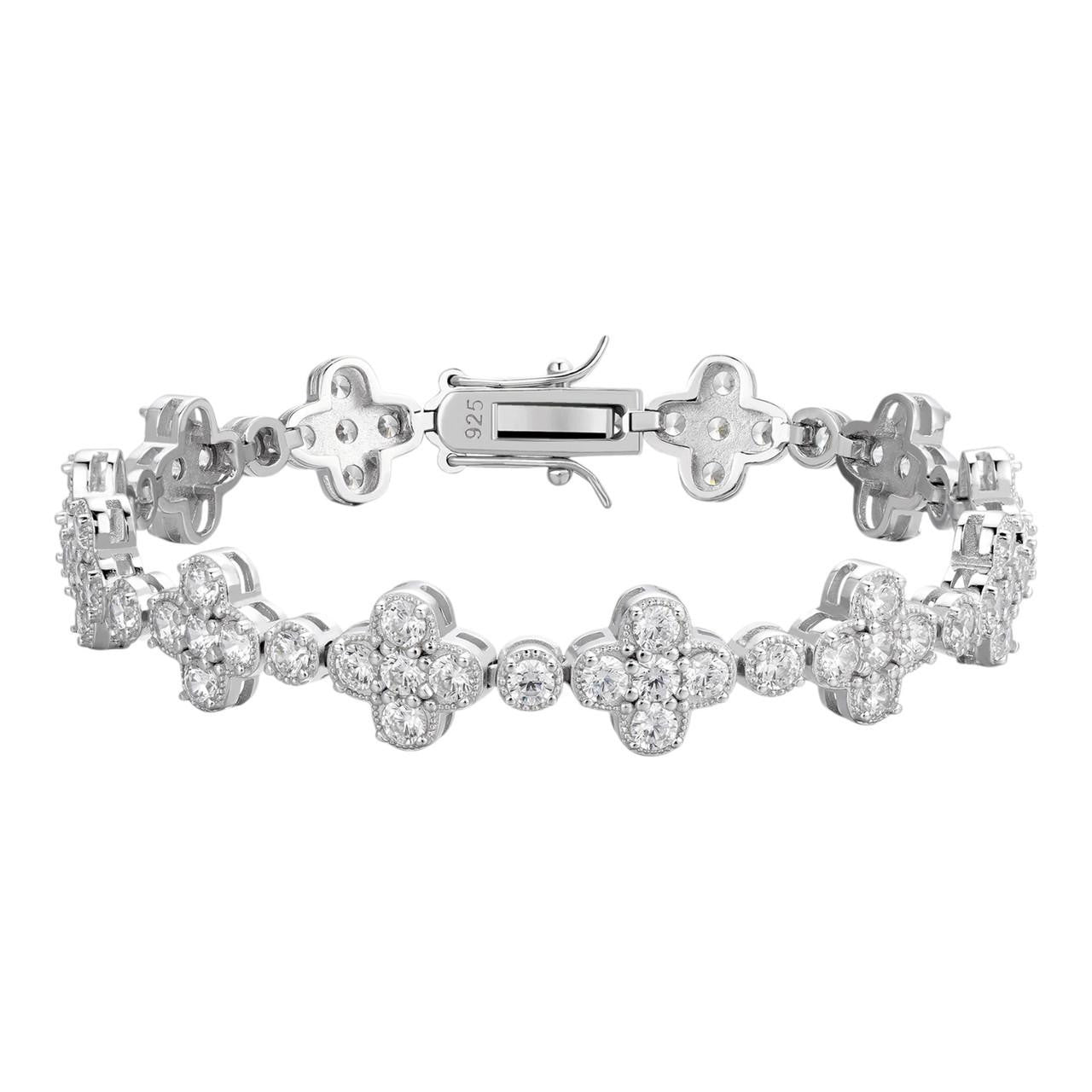 Real Solid 925 Silver 10mm Iced CZ Clover Flower Tennis Bracelet