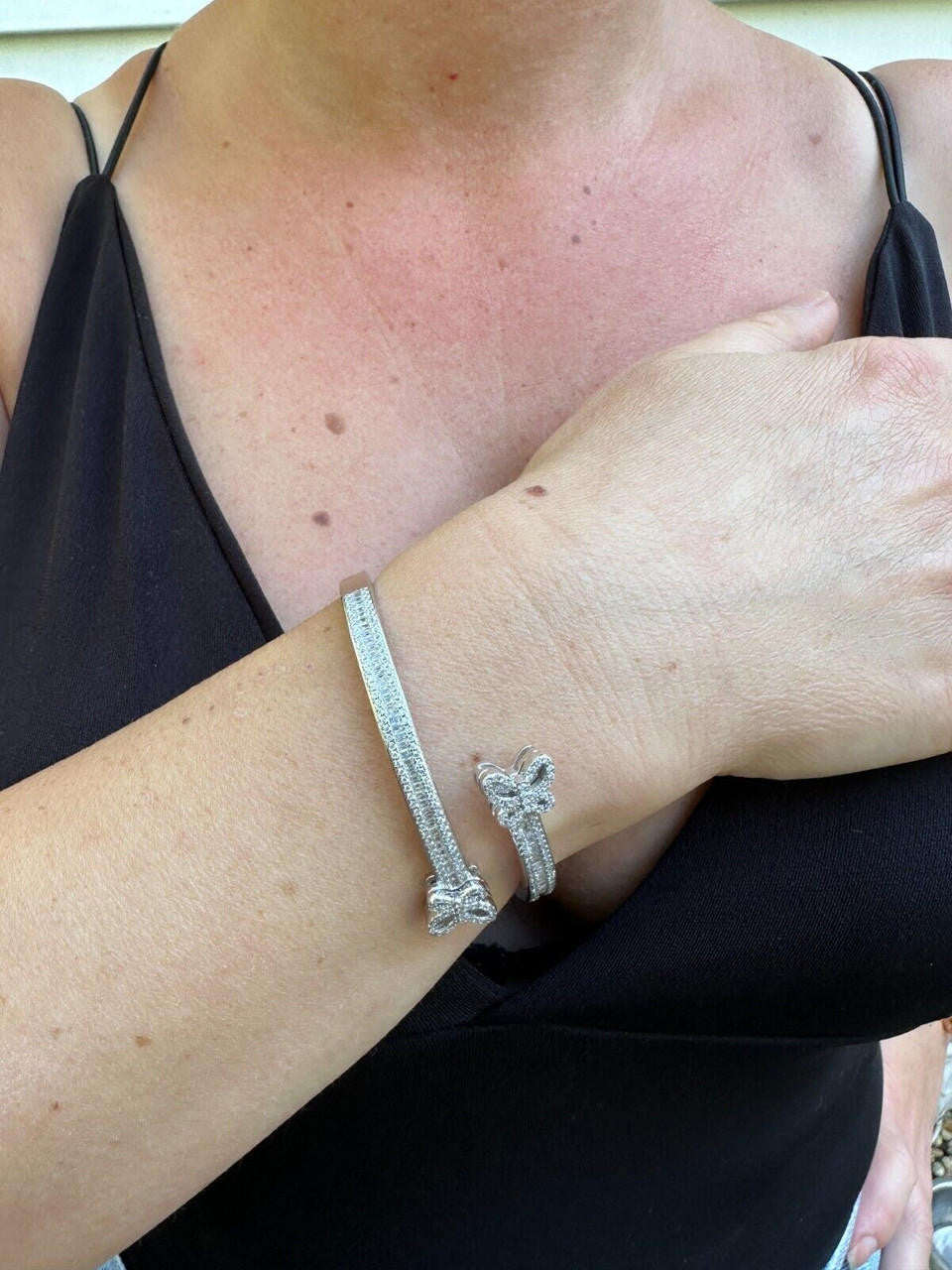 HarlemBling Real Solid 925 Silver Iced Baguette Butterfly Bangle Ladies Bracelet 5-7" CZ